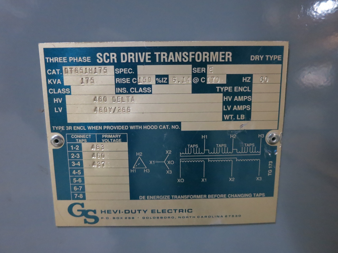 Hevi Duty 175 kVA 460 Delta - 460Y/266 V 3PH Dry Type Transformer DT651H175 460V (DW7198-1)