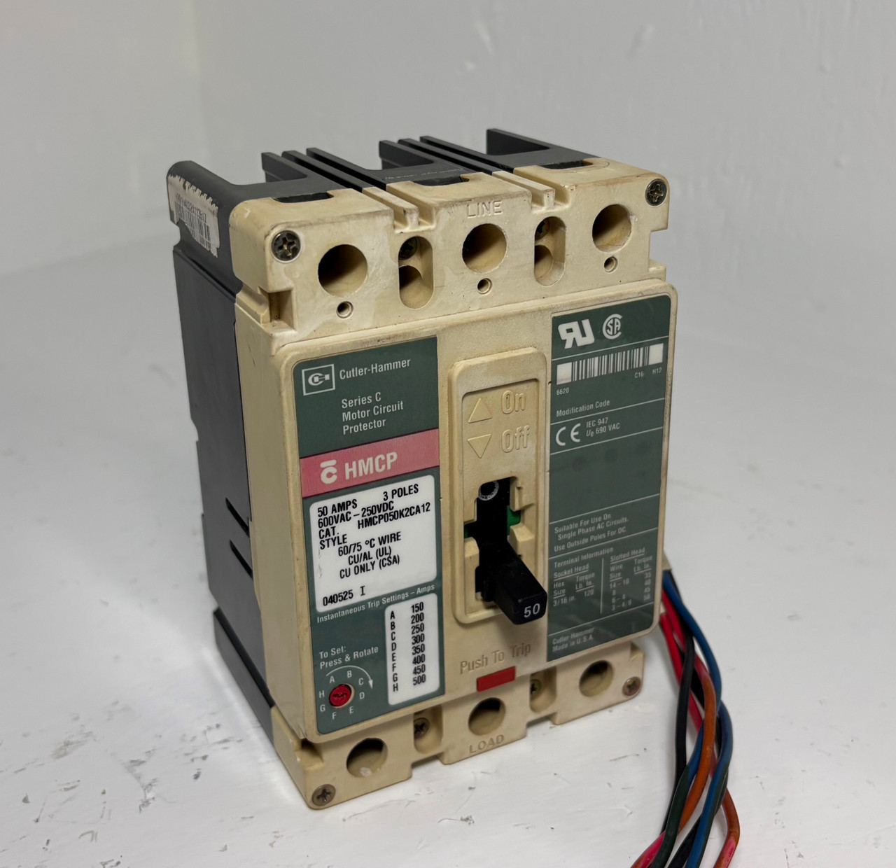 Cutler Hammer HMCP050K2CA12 50A Circuit Breaker Glossy w Aux 600V 3P HMCP 50 Amp (EM5496-1)