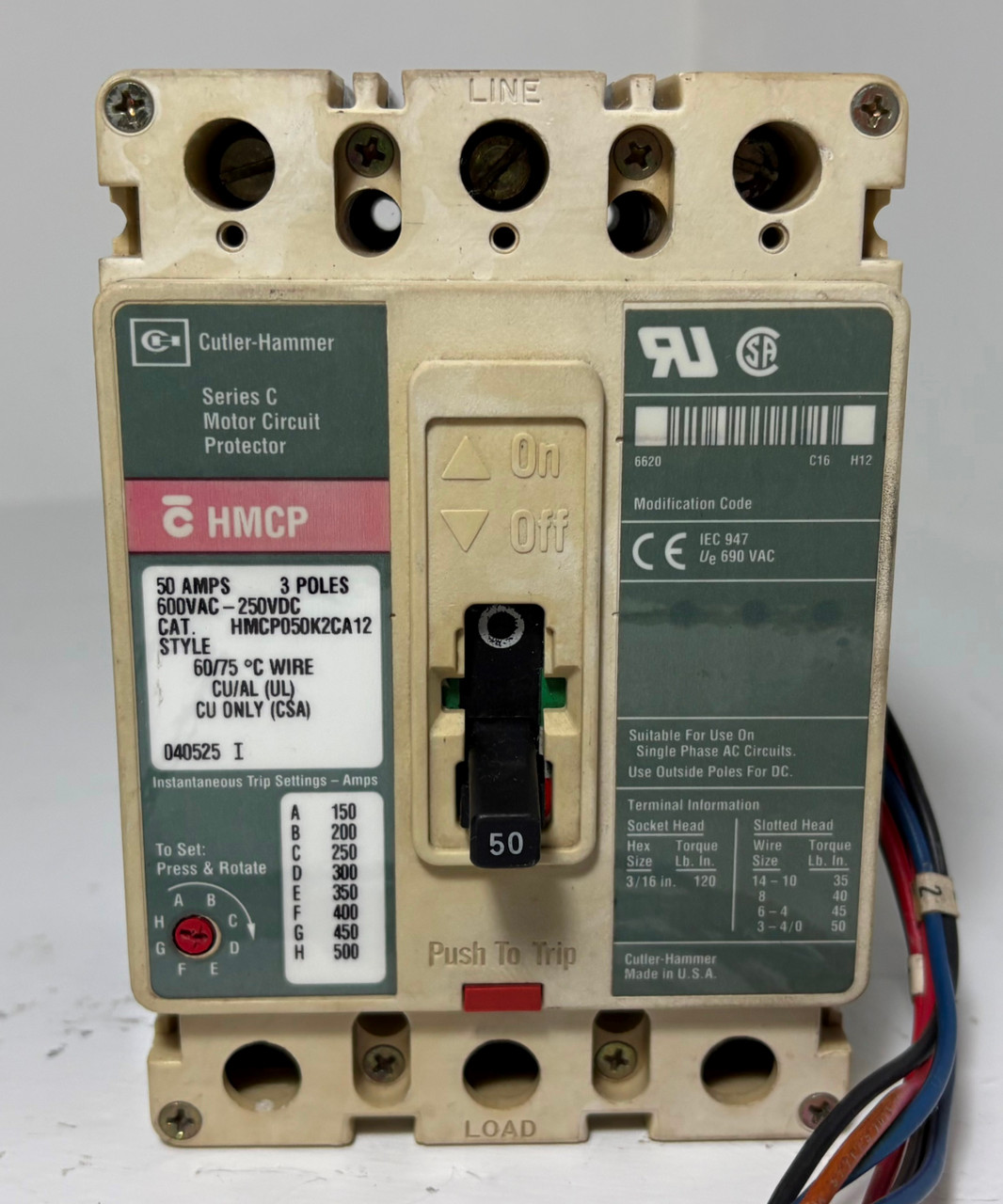 Cutler Hammer HMCP050K2CA12 50A Circuit Breaker Glossy w Aux 600V 3P HMCP 50 Amp (EM5496-1)