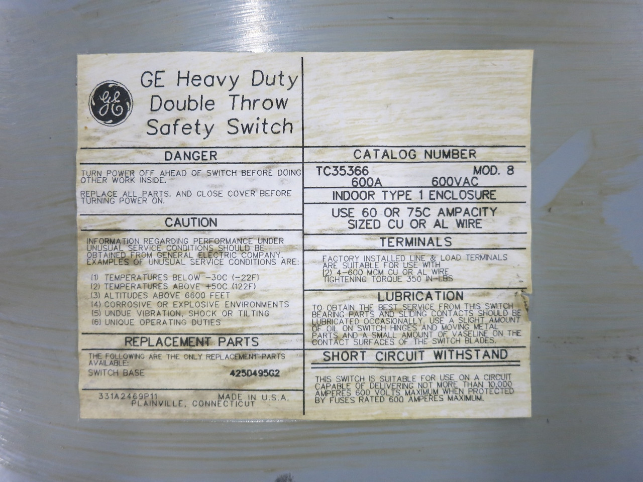 GE TC35366 600A 600V Double Throw Safety Switch 600 Amp Manual Transfer 480V 8 (DW7219-1)