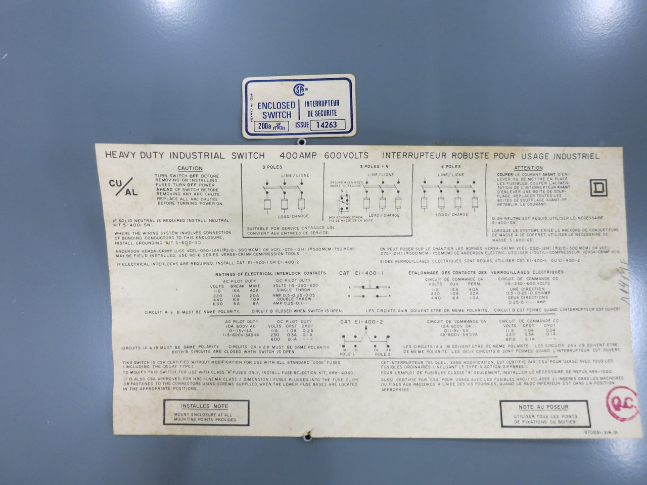 Square D A86345 T5 400A 600V Fusible Heavy Duty Safety Switch Disconnect 400 Amp (DW7222-1)