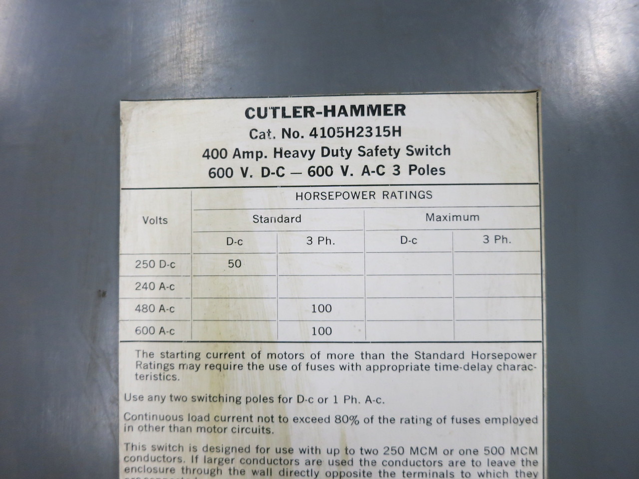 Cutler Hammer 4105H2315H 400A 600V Fusible Safety Switch Disconnect 400 Amp (DW7227-1)