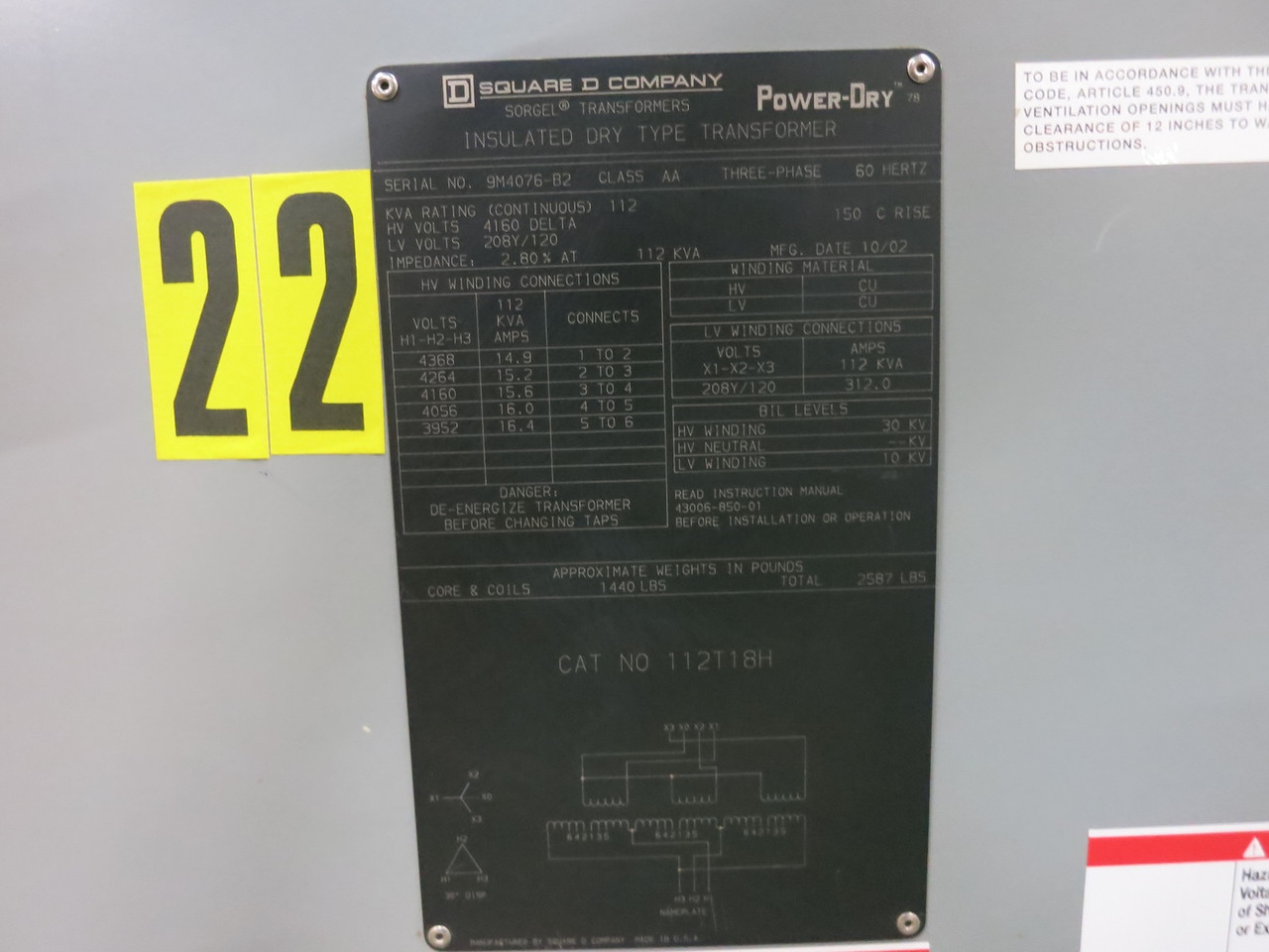 Square D 112 kVA 4160 Delta to 280Y/120 V 3PH Dry Type Transformer 112T18H 4160V (DW7234-1)