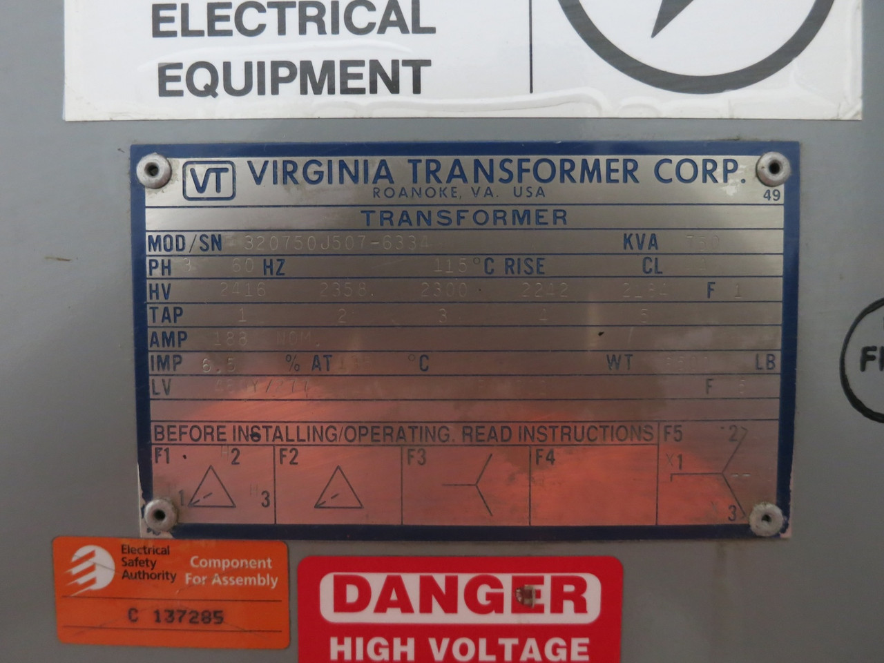 Virginia 750 kVA 2300 Delta to 480Y/277 V 3PH Transformer w/ Load Break Switch (DW7236-1)