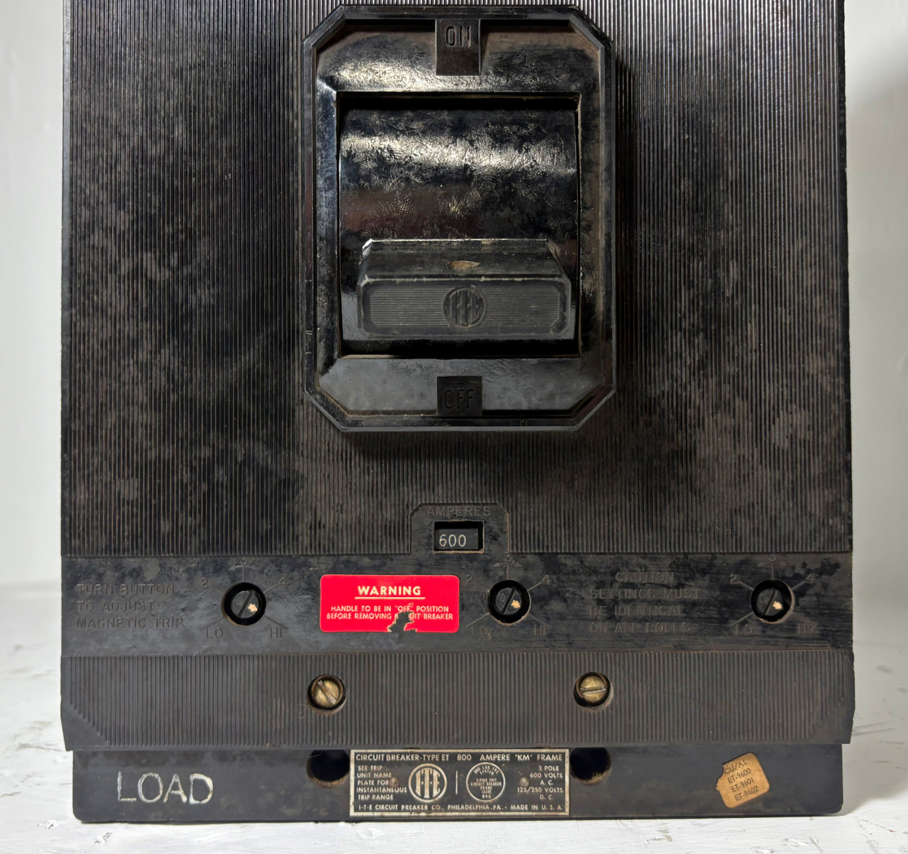 ITE Gould ET9691 800A Circuit Breaker w/ 600 Amp Trip Type ET KM Frame I-T-E 3P (EM5512-3)