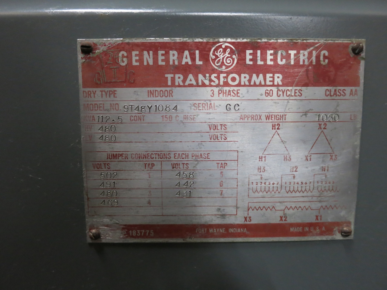 GE 112.5 kVA 480 Delta to 480 Delta V 3PH Transformer 9T48Y1084 480V (DW7257-1)