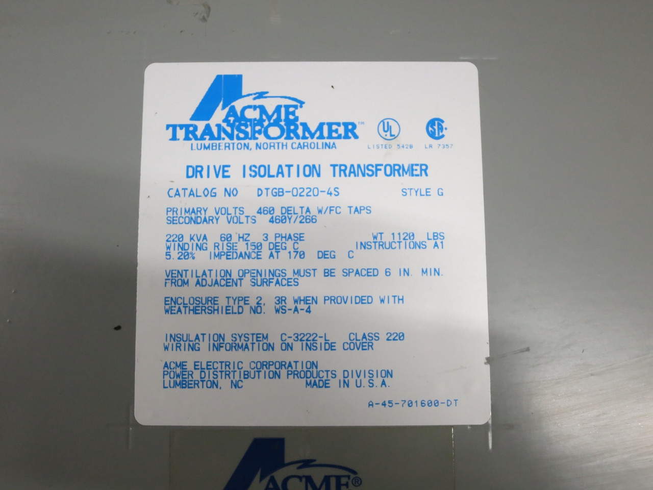 ACME 220 kVA 460 Delta to 460Y/266 V 3PH Dry Type Transformer DTGB-0220-4S 460V (DW7258-2)