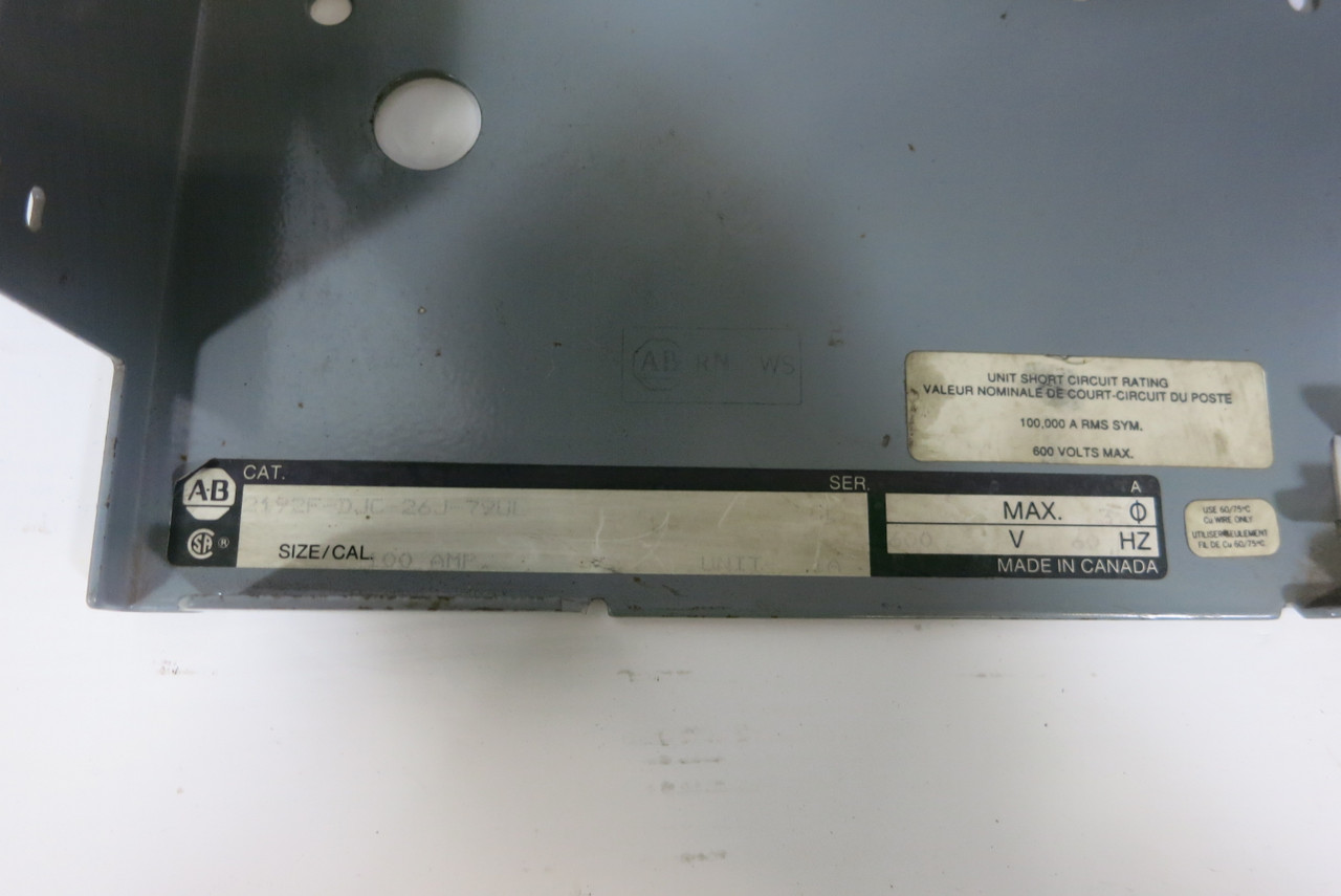 Allen Bradley 2100 Centerline 18" 100A Fusible Feeder MCC Bucket 100 Amp Fuse (BJ1019-5)