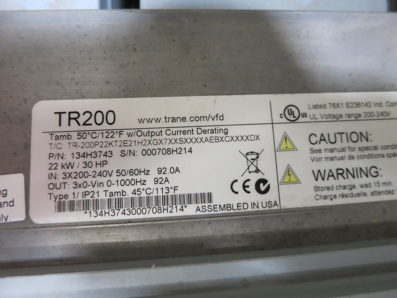 Trane TR200 134H3743 AC VS Drive 30 HP 240V 3PH Bypass VFD 240 VAC HVAC 92A (DW7280-2)