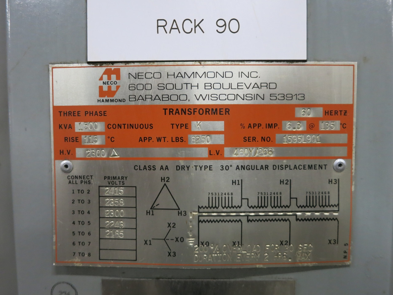 Hammond 1500 kVA 2300 Delta to 460Y/266 V 3PH Dry Type Transformer 2300V 460 V (DW7285-1)