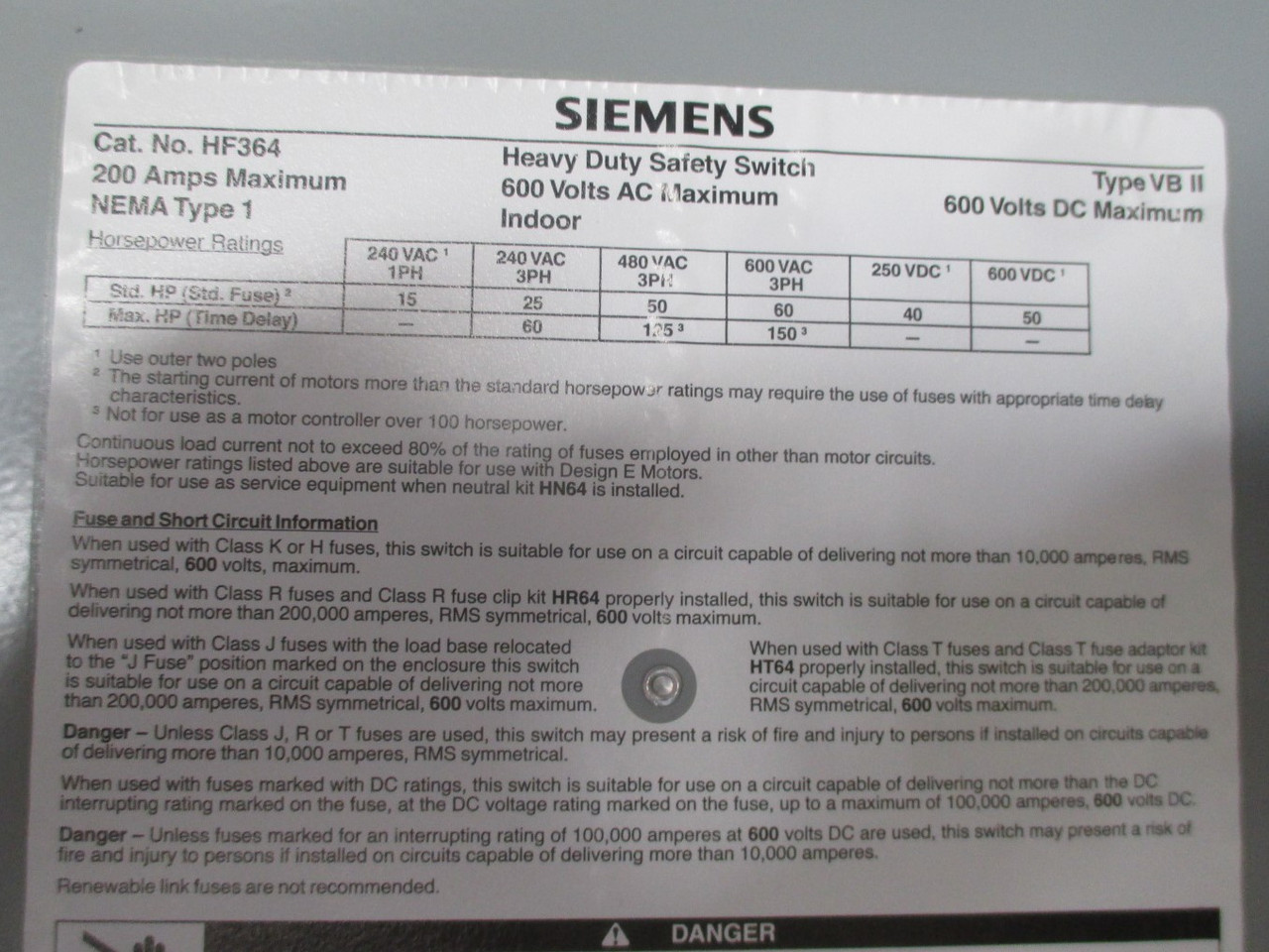 Siemens HF364 200A 600V Fusible Safety Switch Disconnect 200 Amp NEMA Type 1 (AH0589-1)