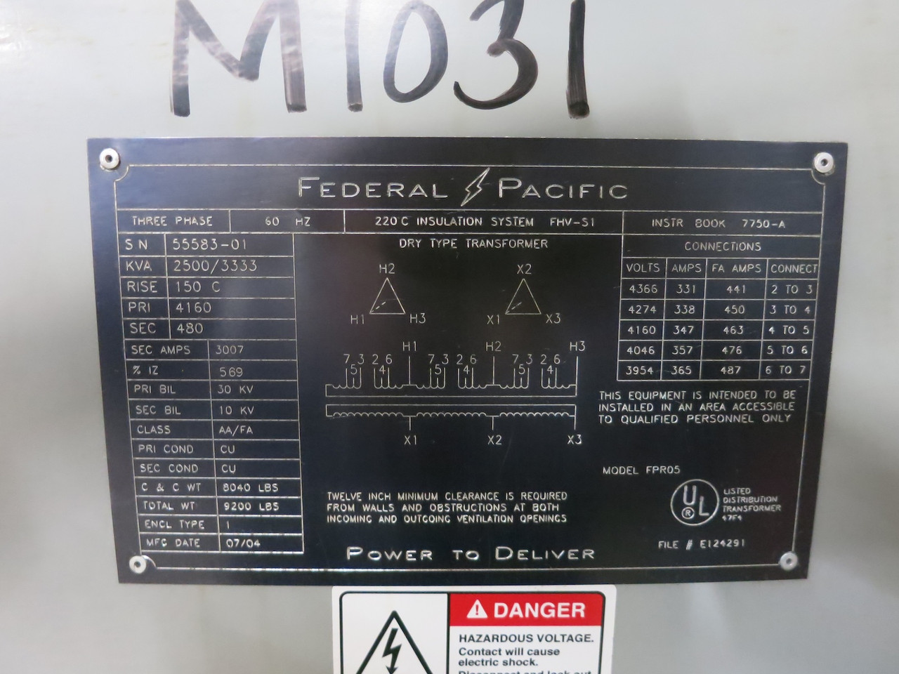 FPT 2500/3333 kVA 4160 Delta to 480 Delta V 3PH Transformer w/ Load Break Switch (DW7300-1)