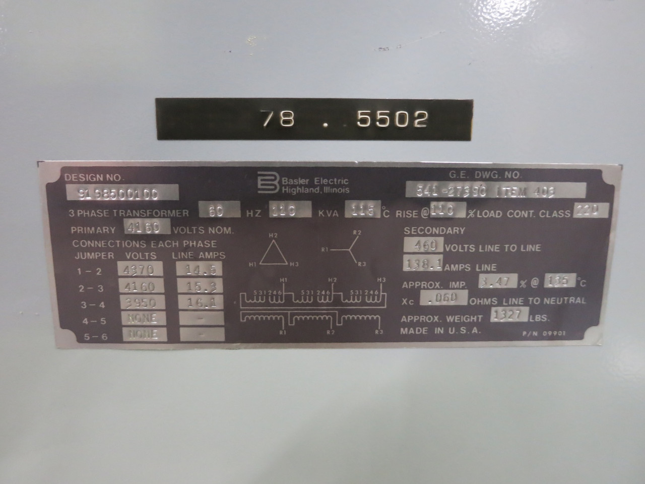 Basler 110 kVA 4160 Delta to 460Y V 3PH Dry Type Transformer 4160V - 460V (DW7308-1)