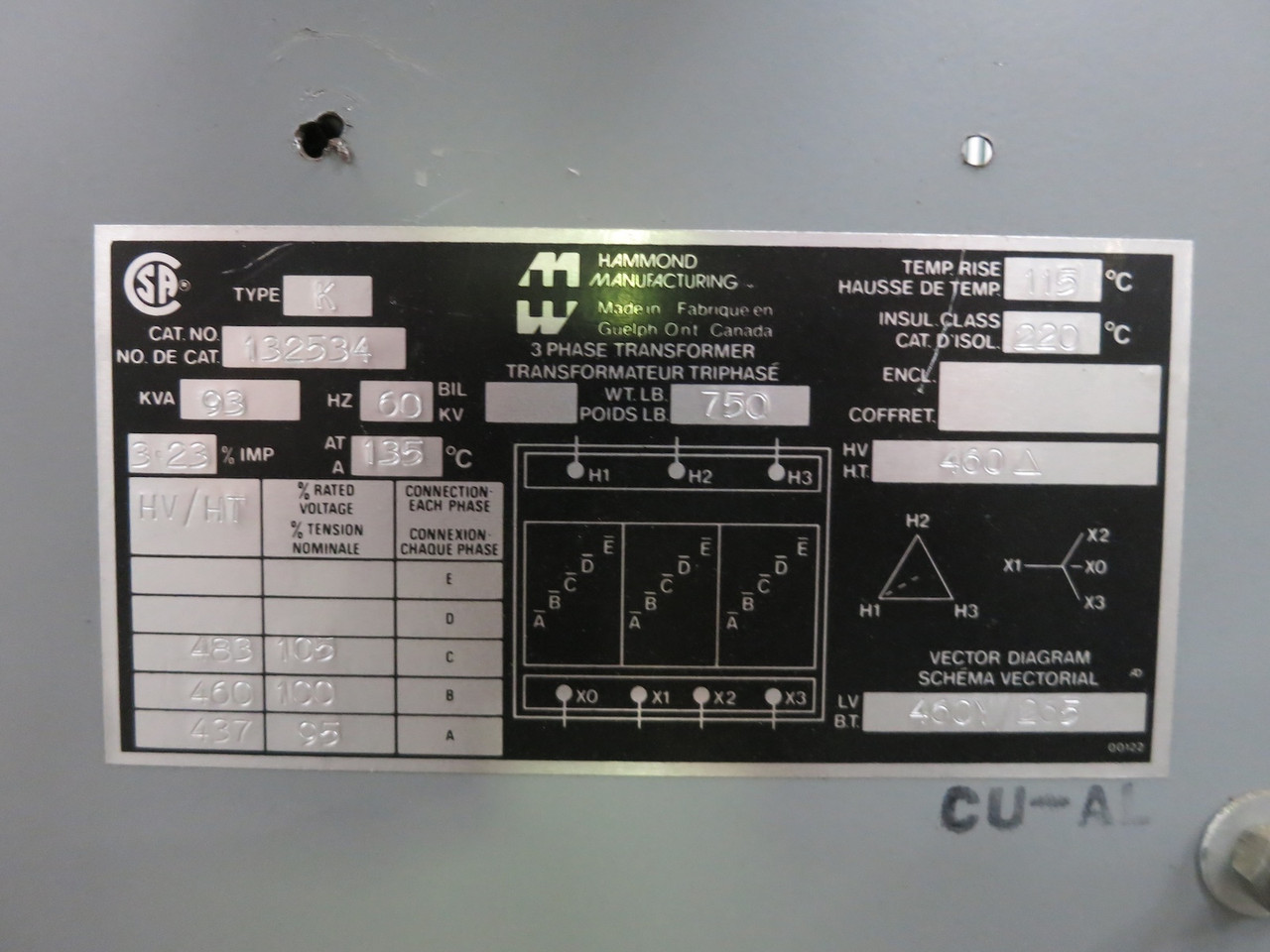 Hammond 93 kVA 460 Delta to 460Y/265 V 3PH Isolation Transformer 132534 460V (DW7307-3)