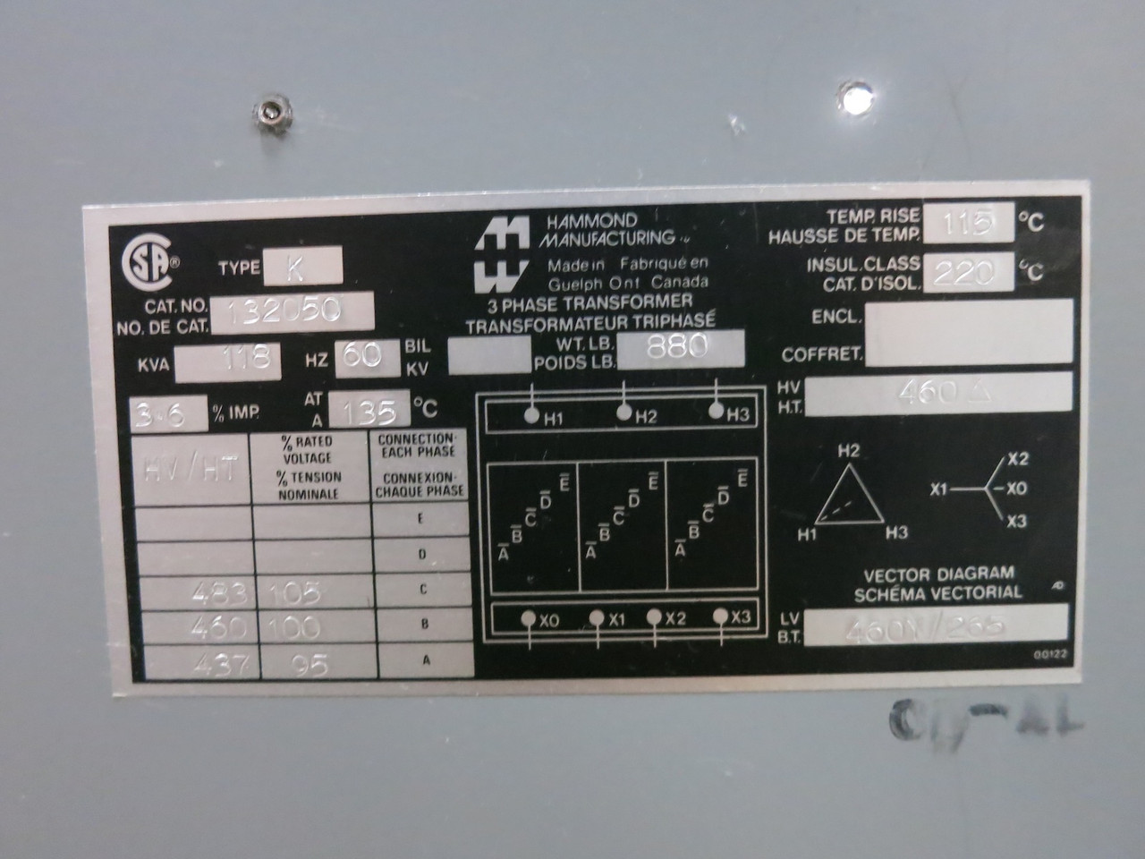 Hammond 118 kVA 460 Delta to 460Y/265 V 3PH Isolation Transformer 132050 460V (DW7304-6)