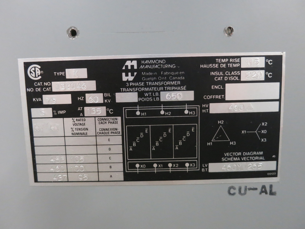 Hammond 75 kVA 460 Delta to 460Y/265 V 3PH Isolation Transformer 132046 460V (DW7305-2)