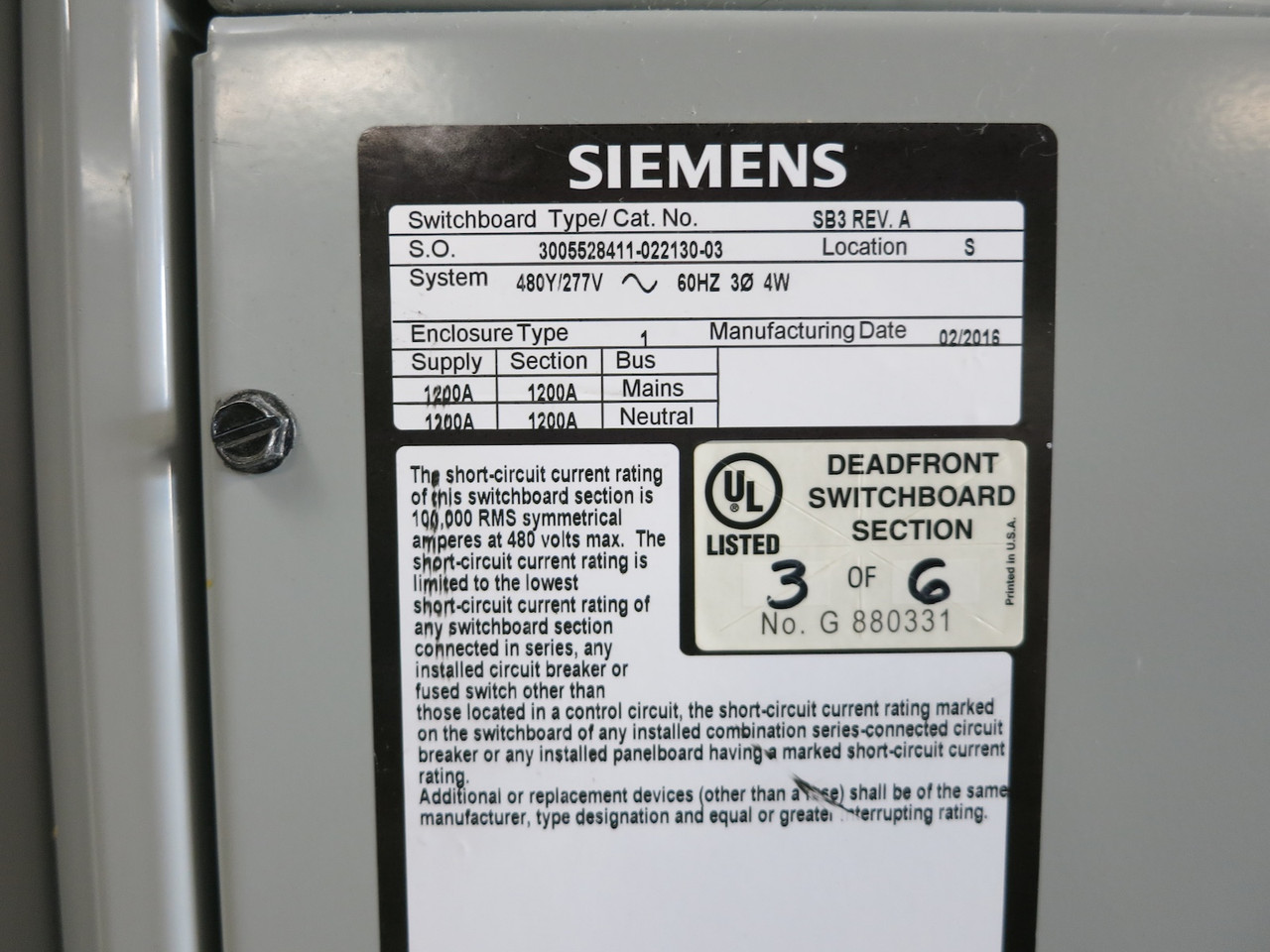 Siemens 1200A SB3 Tie-Breaker Switchgear 480/277 LNY3B120 LNG 1200 Amp 3PH 4W (DW7310-1)