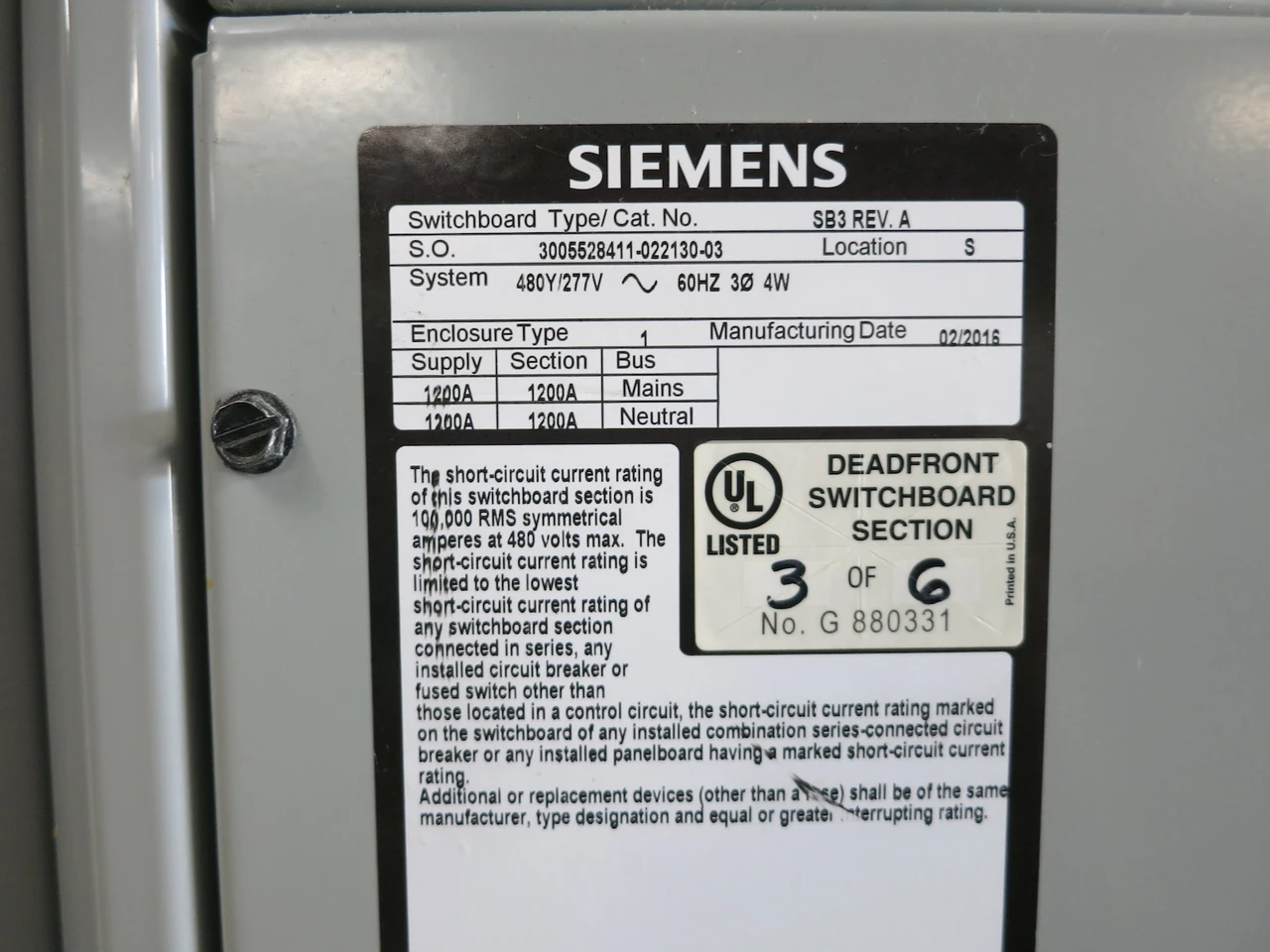 Siemens 1200A SB3 Tie-Breaker Switchgear 480/277 LNY3B120 LNG 1200 Amp 3PH 4W (DW7310-1)