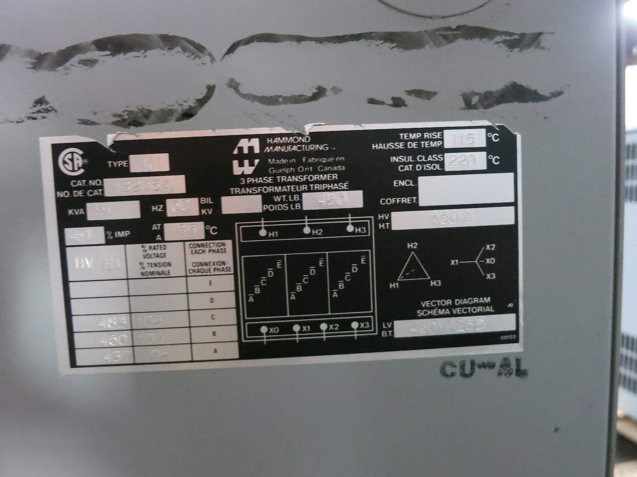 Hammond 51 kVA 460 Delta to 460Y/266 V 3PH Isolation Transformer 132054 460V (DW7316-1)