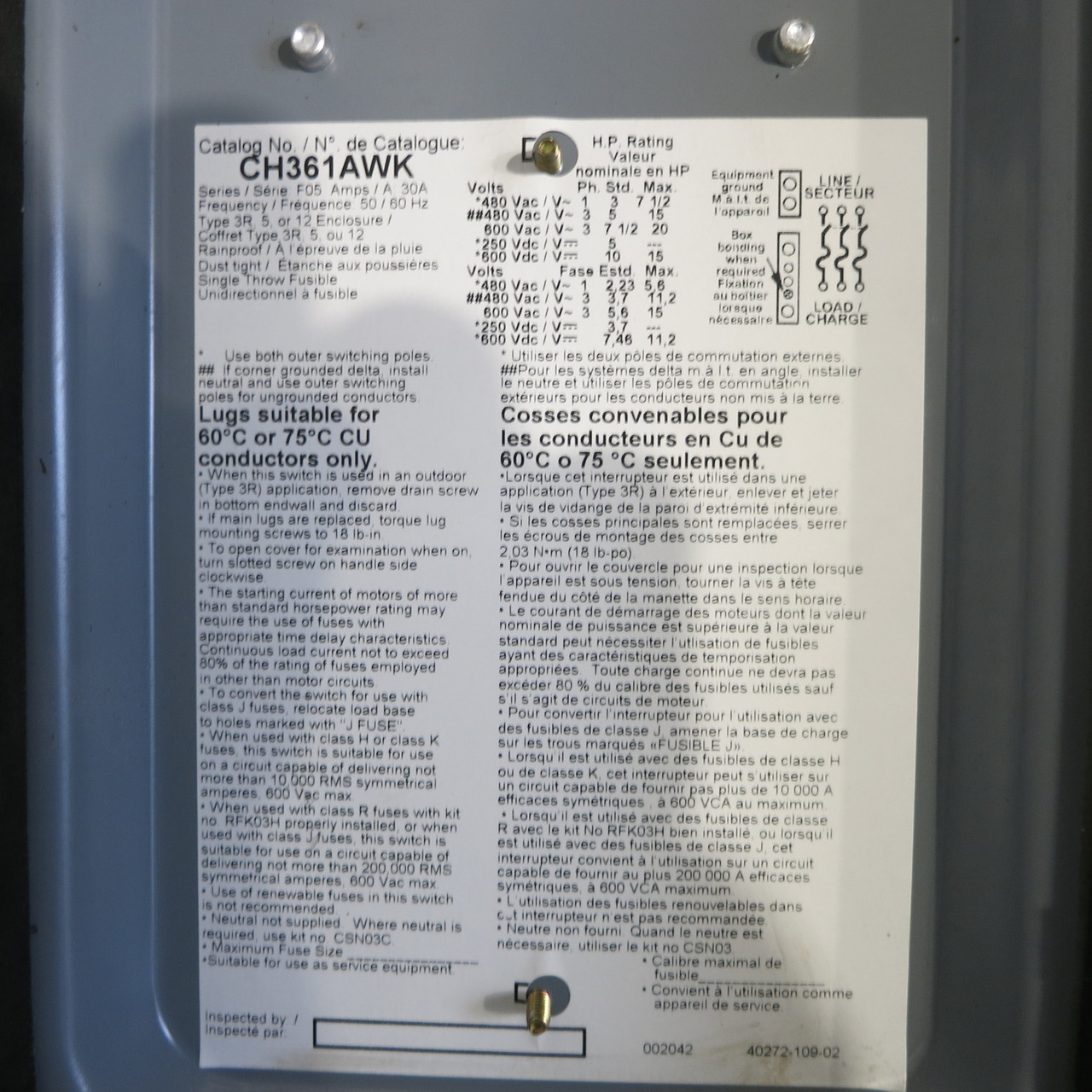 Square D CH361AWK 30A 600V 3R Fusible Safety Switch Disconnect w View Window F05 (AH0598-1)