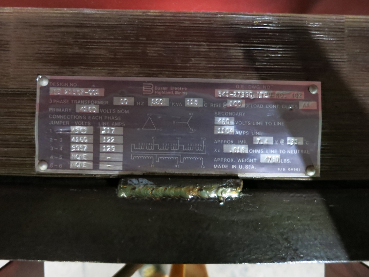 Basler 880 kVA 4160 Delta to 460Y V 3PH Dry Type Transformer 4160V - 460 V (DW7318-1)