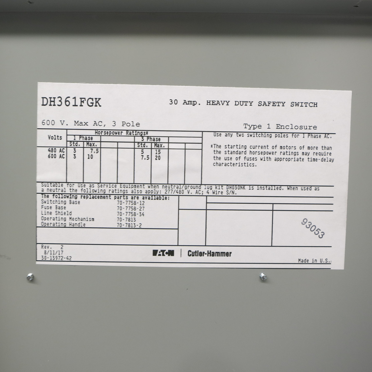 Eaton DH361FGK 30A 600V Fusible Heavy Duty Safety Switch Disconnect 30 Amp CH (AH0603-32)