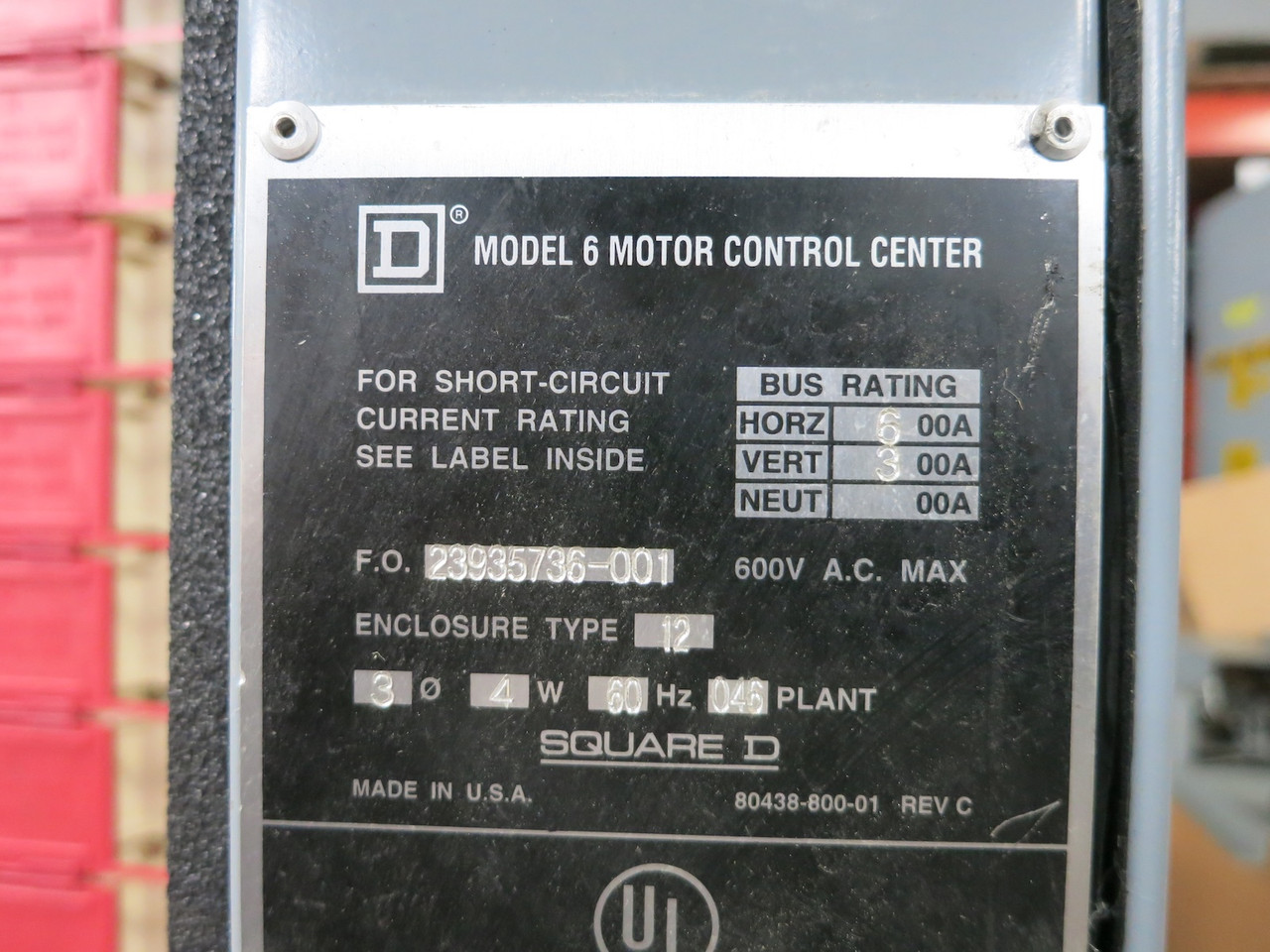 Square D Model 6 600/300 Amp MCC Motor Control Center 1x Section 480V 600A 300A (DW7326-1)