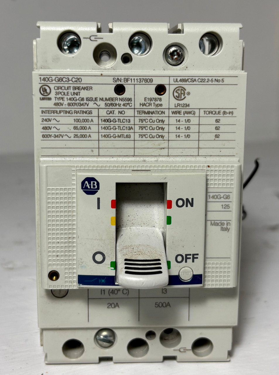 Allen Bradley 140G-G6C3-C20 20A Circuit Breaker 140G-G6 480V 140GG6C3C20 20 Amp (EM5516-2)