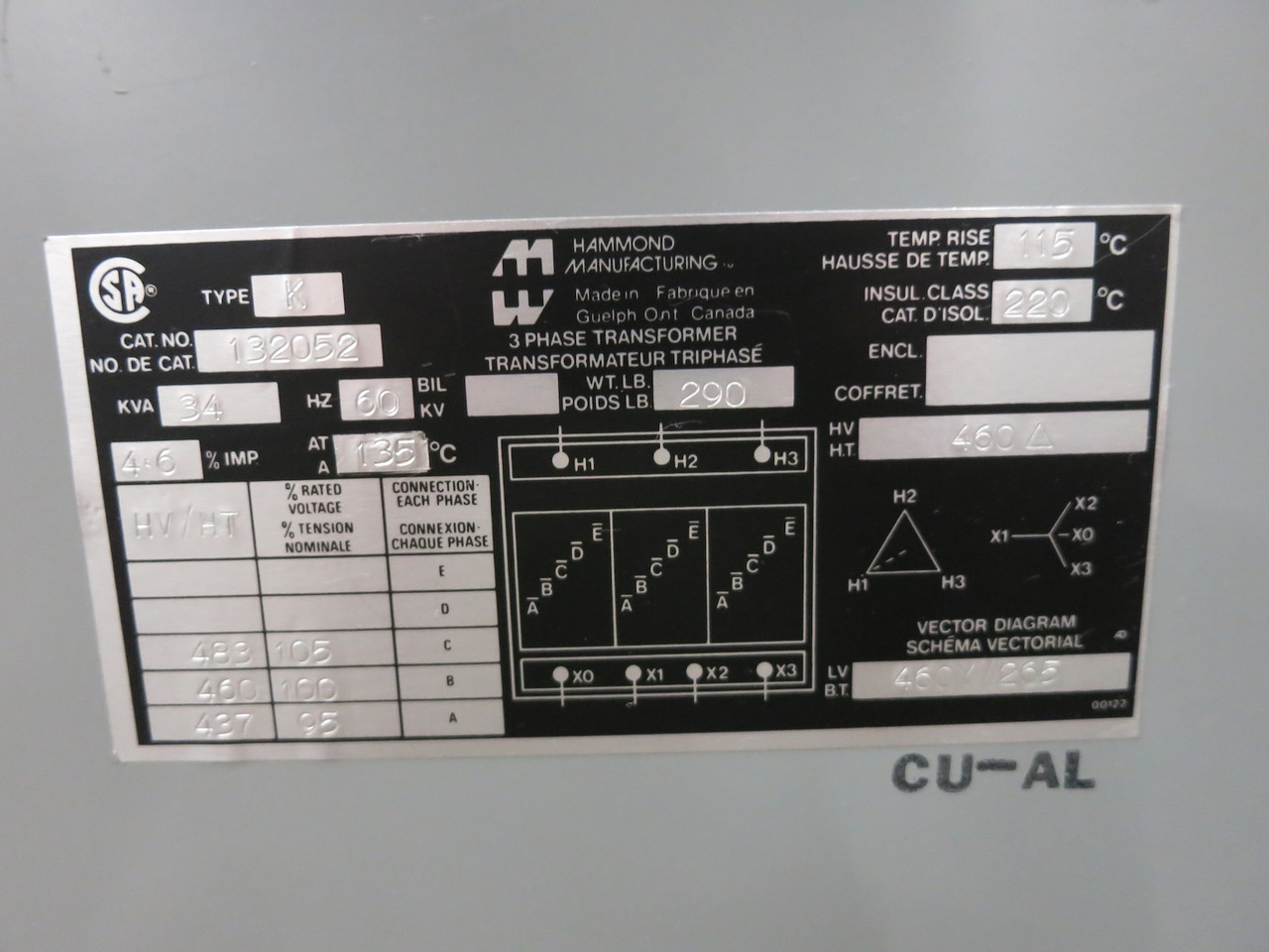 Hammond 34 kVA 460 Delta to 460Y/265 V 3PH Isolation Transformer 132052 460V (DW7331-1)