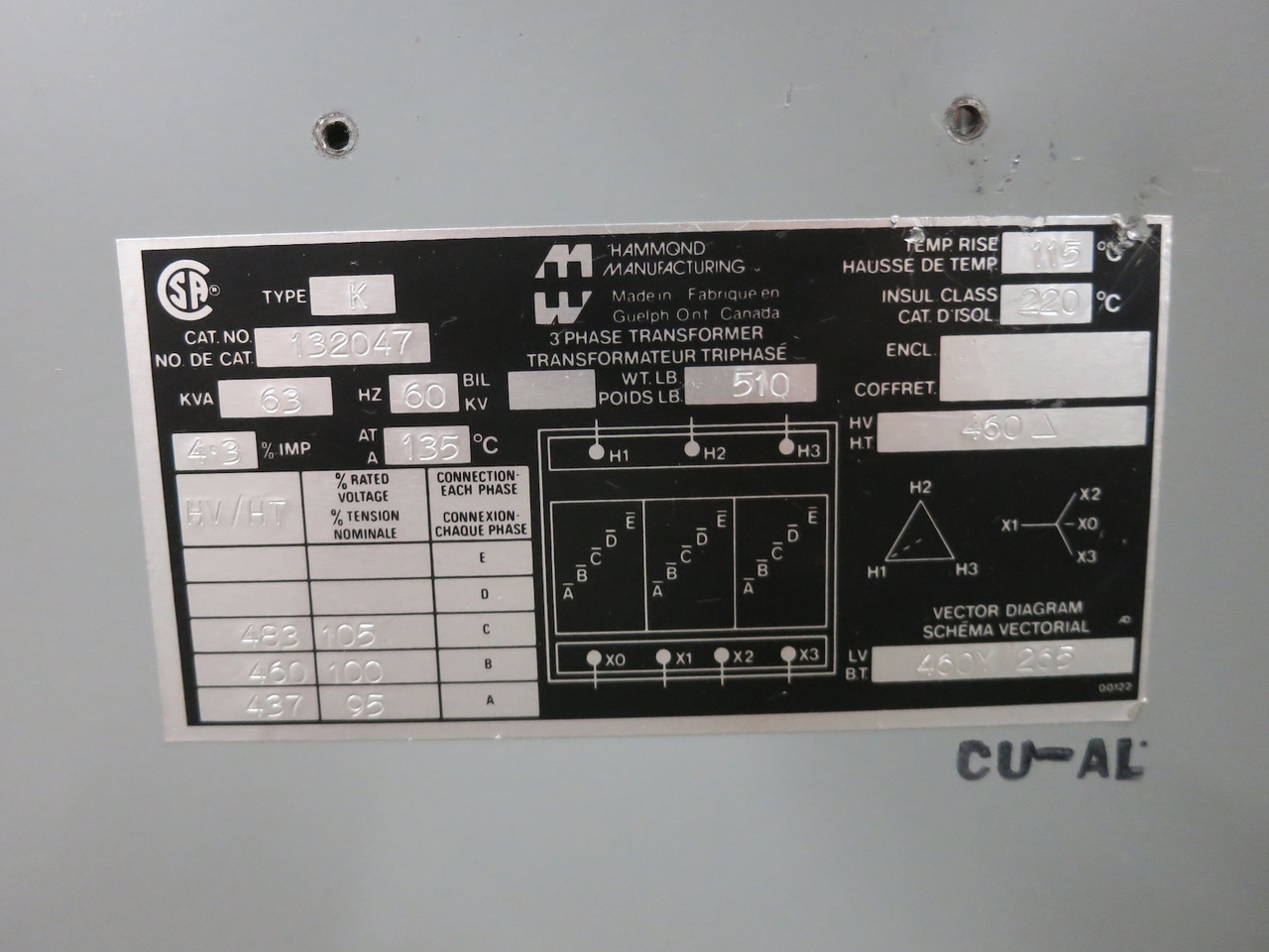 Hammond 63 kVA 460 Delta to 460Y/265 V 3PH Isolation Transformer 132047 460V (DW7329-1)