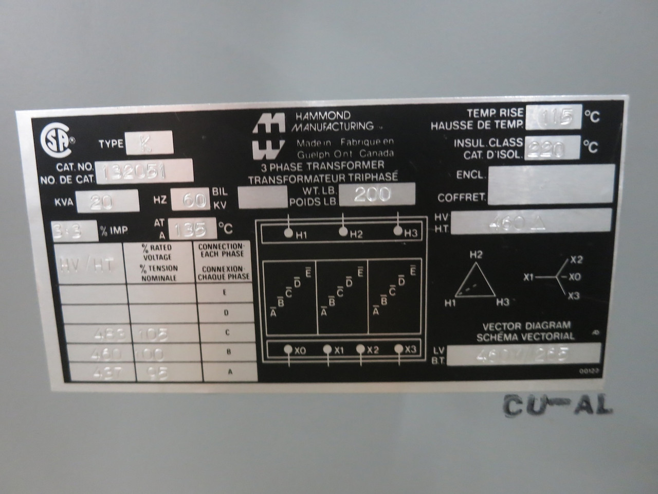 Hammond 20 KVA 460 Delta to 460Y/265 V 3PH Isolation Transformer 132051 460V (DW7333-8)
