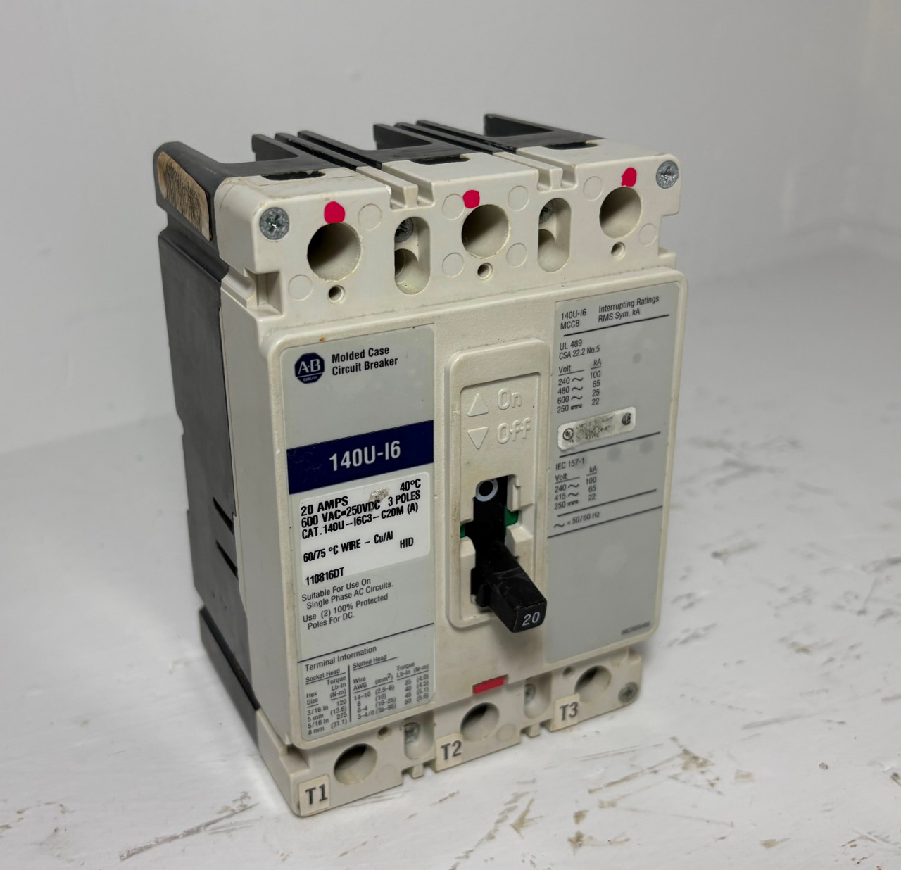Image of Allen Bradley 140U-I6 20A Circuit Breaker 480/600V 3P 140U-I6C3-C20 20 Amp