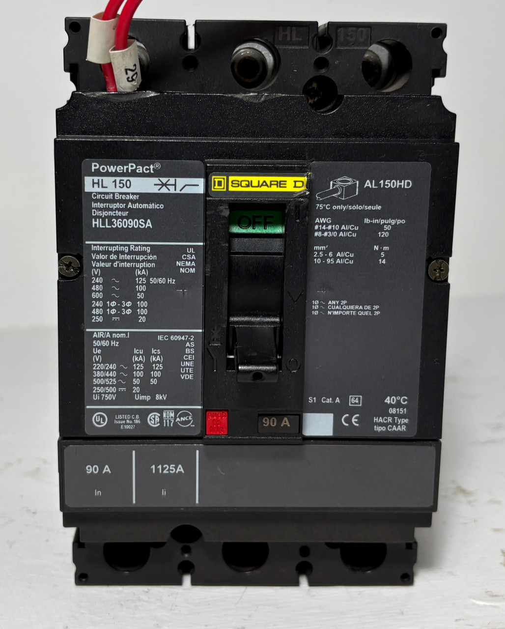 Square D HLL36090SA 90A PowerPact Circuit Breaker w/ 120V Shunt HL 150 3P 90 Amp (EM5521-2)