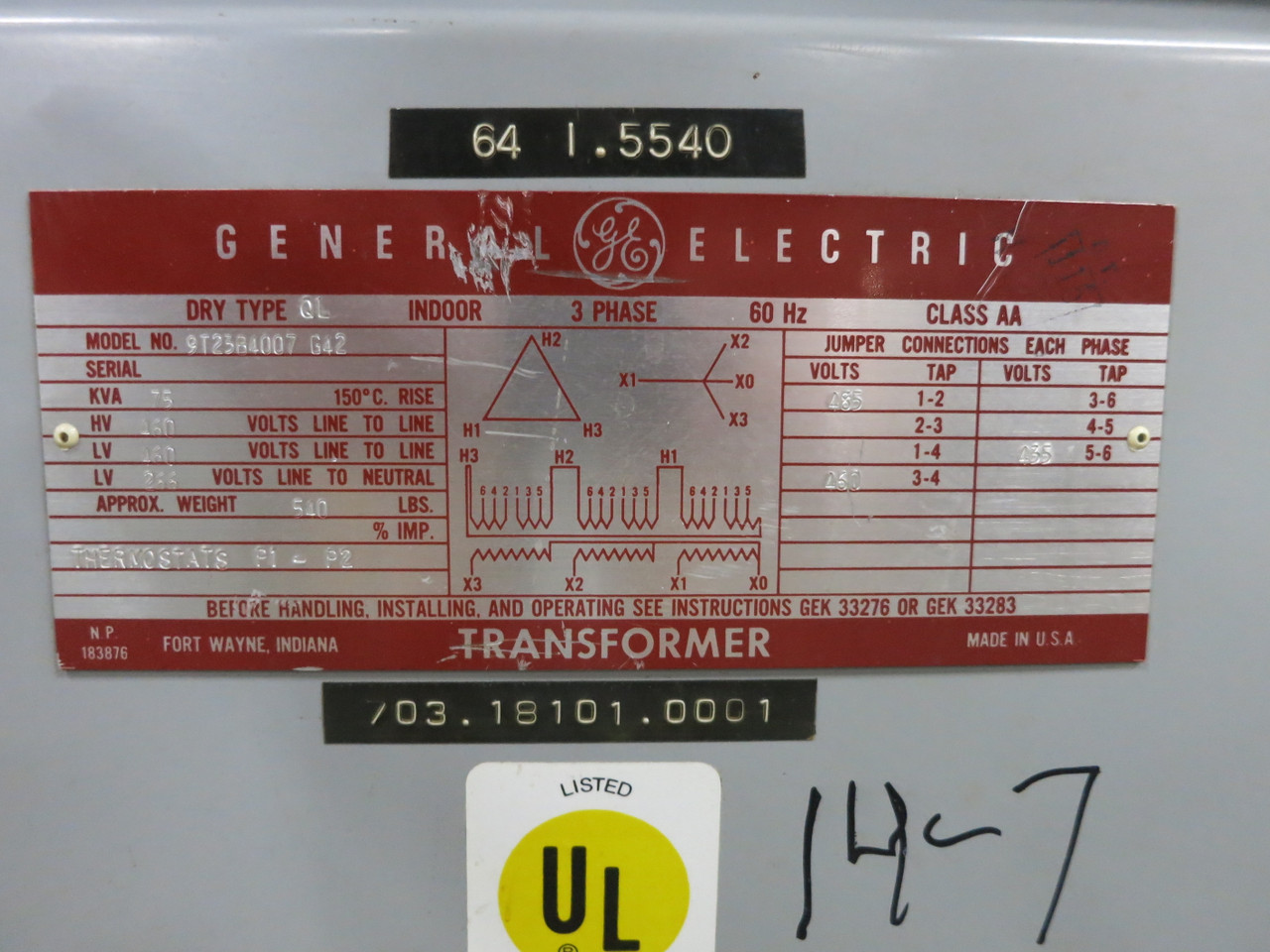 GE 75 kVA 460 Delta to 460Y/266 V 3PH Isolation Transformer 9T23B4007G42 460V (DW7368-1)