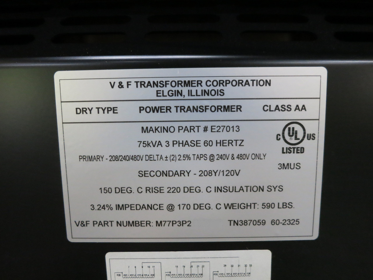 NEW V&F 75 kVA 208/240/480 Delta to 208Y/120 V 3PH Transformer 208V 240V 480V (DW7370-2)