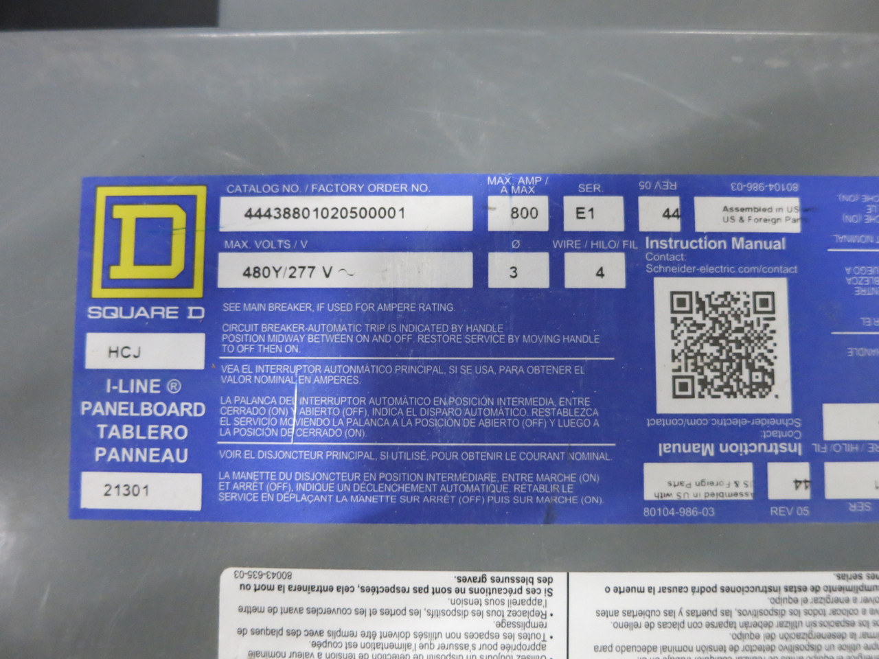 NEW Square D I-Line HCJ 800A 480V Circuit Breaker Panel Board MLO 800 Amp 3PH 3W (DW7402-1)