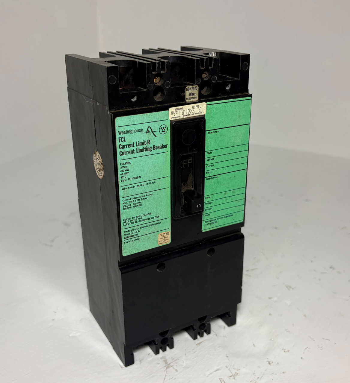 Westinghouse FCL3040L 40A Current Limit-R Circuit Breaker 480V 3P FCL 40 Amp (EM5546-1)