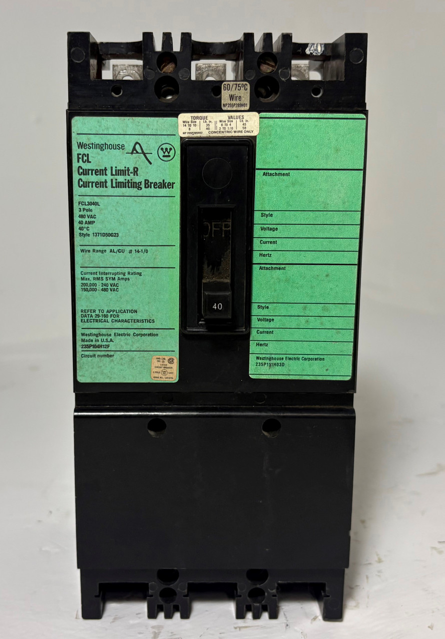 Westinghouse FCL3040L 40A Current Limit-R Circuit Breaker 480V 3P FCL 40 Amp (EM5546-1)