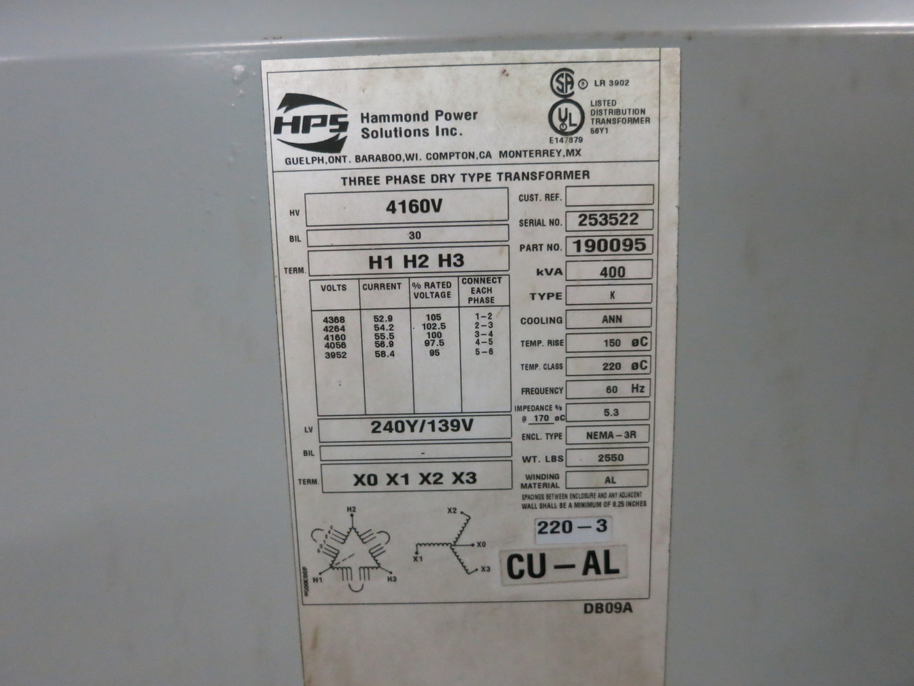 NEW HPS 400 kVA 4160 Delta - 240Y/139 V 3PH Dry Type Transformer 4160V - 240V 3R (DW7395-1)