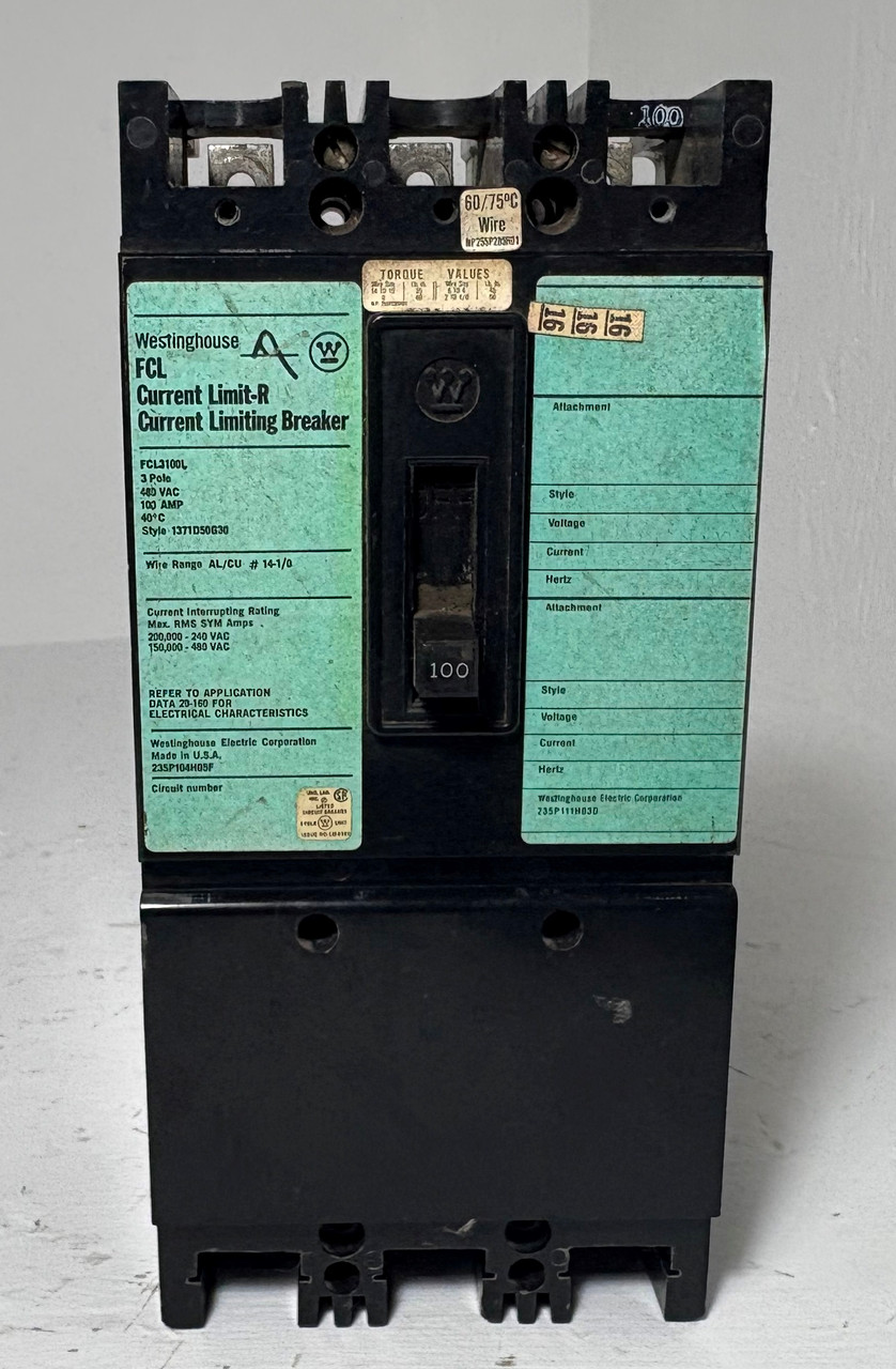 Westinghouse FCL3100L 100A Current Limit-R Circuit Breaker 480V 3P FCL 100 Amp (EM5549-1)