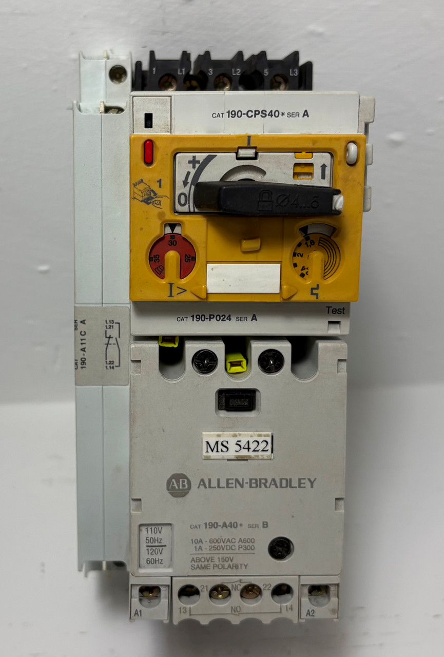 Allen Bradley 190-A40 Motor Starter 190-P024 190-CPS40 3PH 10 Amp 600V 120V Coil (EM5552-3)