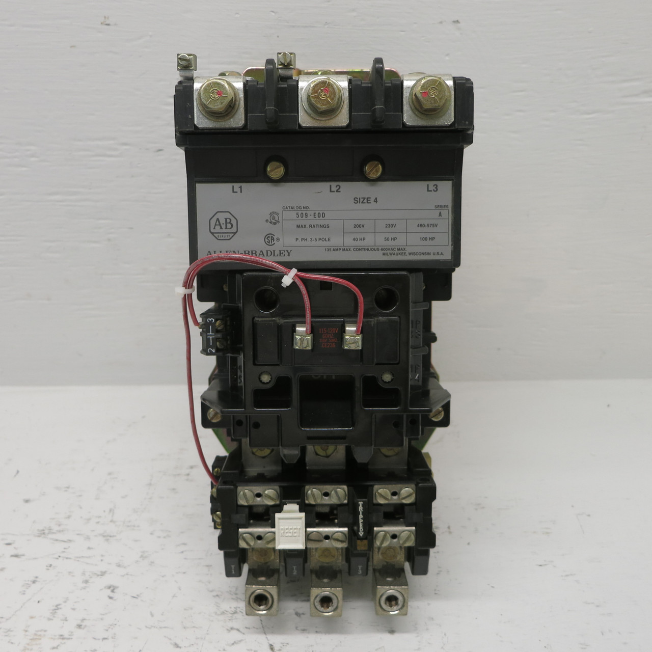 Allen Bradley 509-EOD Size 4 Motor Starter 120V Coil 135A 509-E0D No Heaters 3PH (AH0632-2)