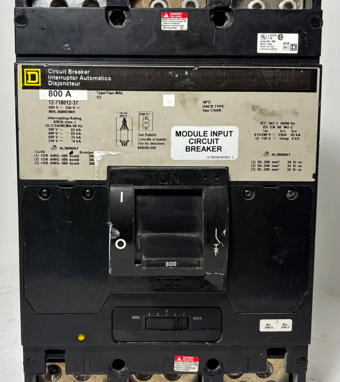 Square D MHL368003901 800A Circuit Breaker 12-718012-37 800 Amp 3P MHL36800 HACR (EM5564-1)