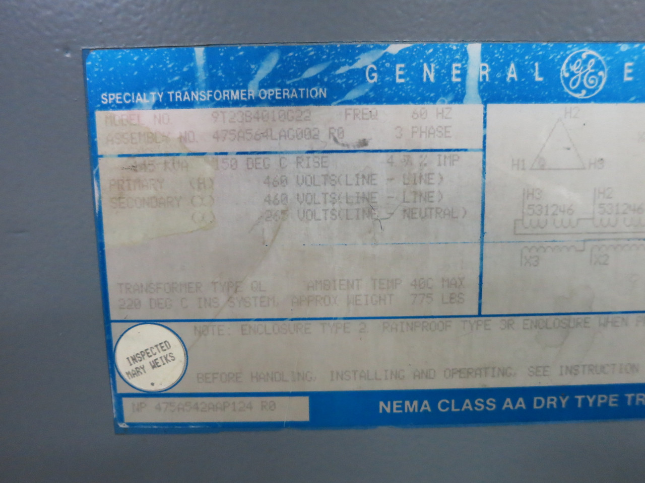 GE 145 kVA 460 Delta to 460Y/265 V 3PH Dry Type Transformer 9T23B4010G22 460V (DW7420-2)