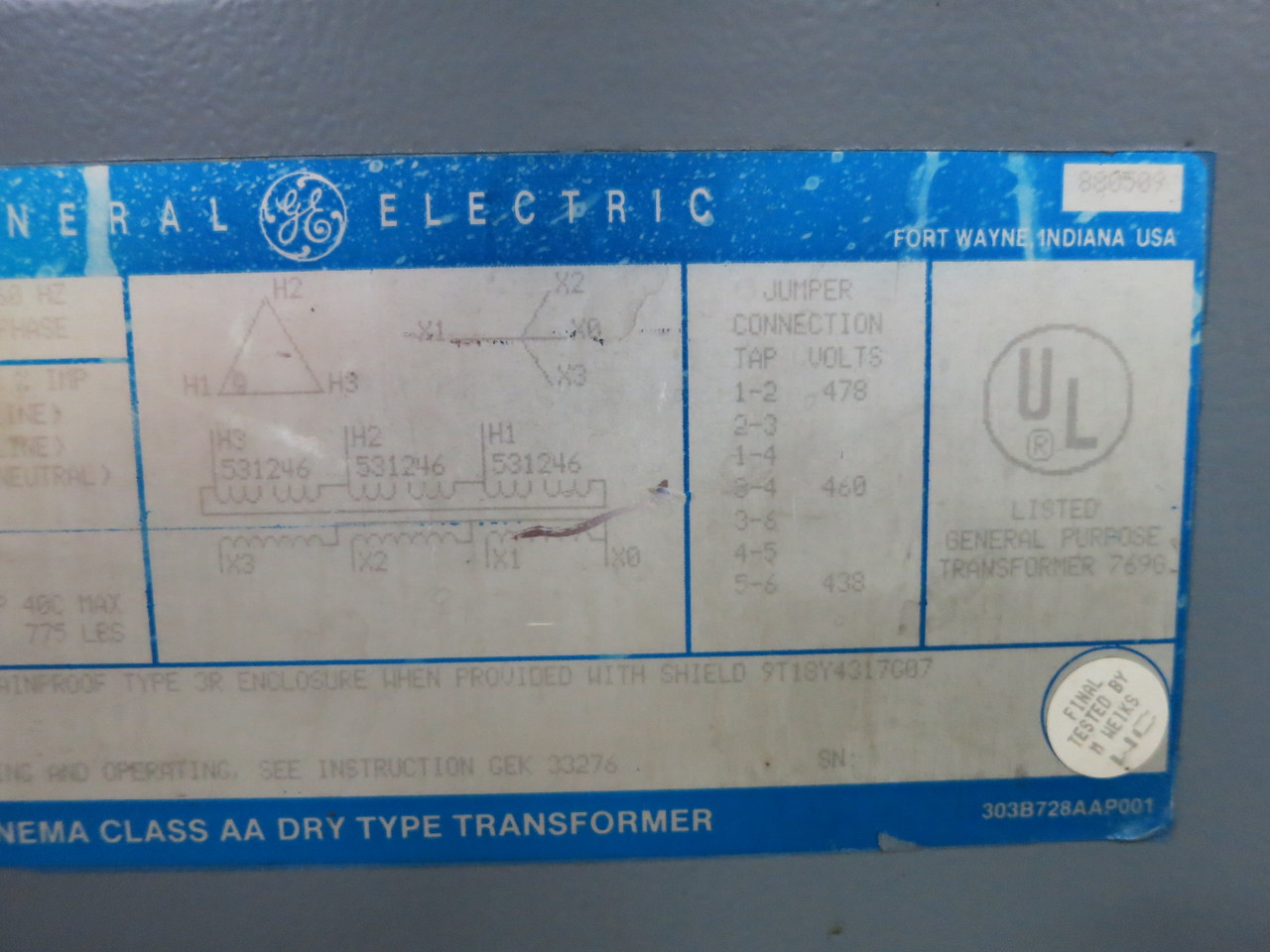GE 145 kVA 460 Delta to 460Y/265 V 3PH Dry Type Transformer 9T23B4010G22 460V (DW7420-2)