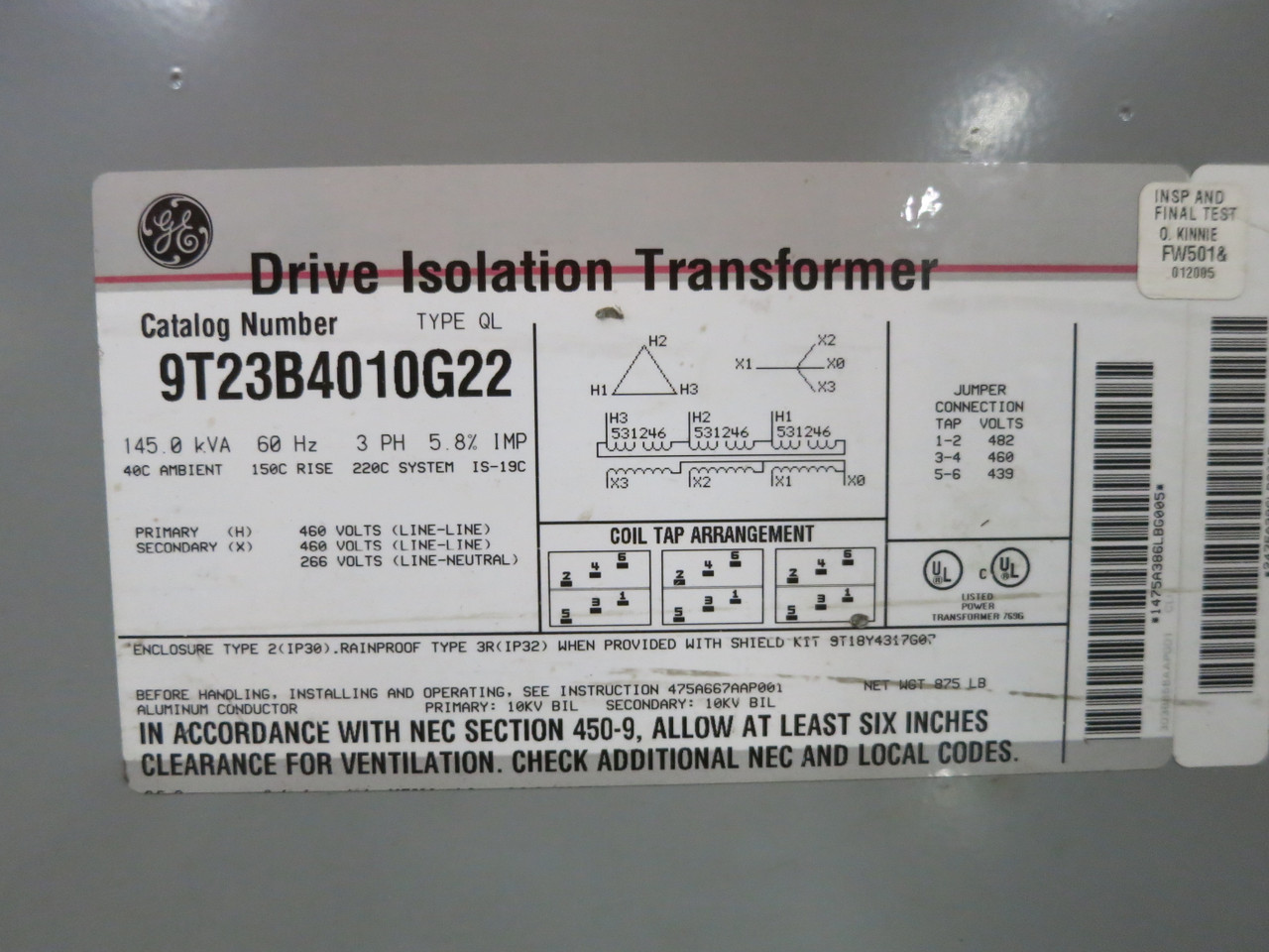 GE 145 kVA 460 Delta to 460Y/266 V 3PH Dry Type Transformer 9T23B4010-G22 460V (DW7429-1)