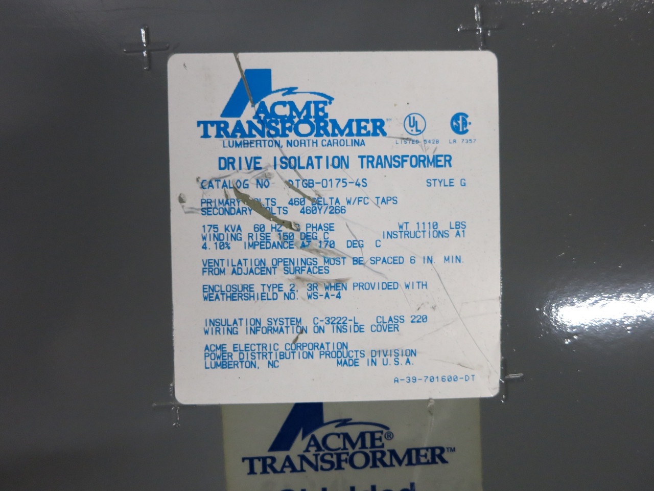 ACME 175 kVA 460 Delta to 460Y/266 V 3PH Dry Type Transformer DTGB-0175-4S 460V (DW7430-3)