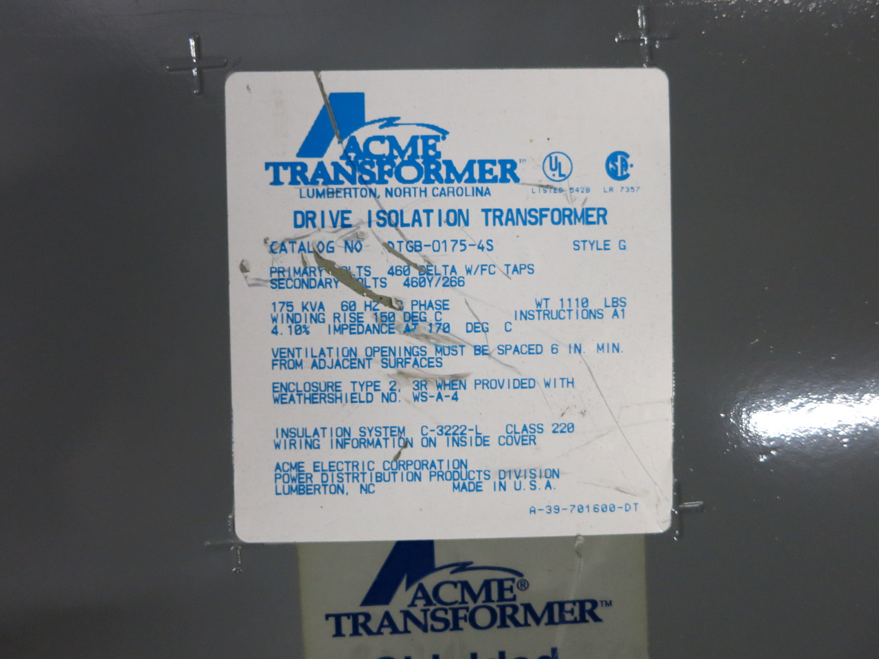ACME 175 kVA 460 Delta to 460Y/266 V 3PH Dry Type Transformer DTGB-0175-4S 460V (DW7430-3)