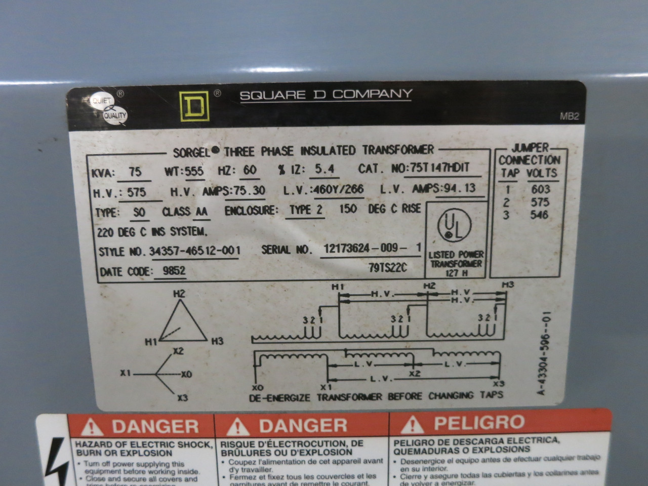 Square D 75 kVA 575 Delta to 460Y/266 V 3PH Dry Type Transformer 75T147HDIT 575V (DW7433-1)