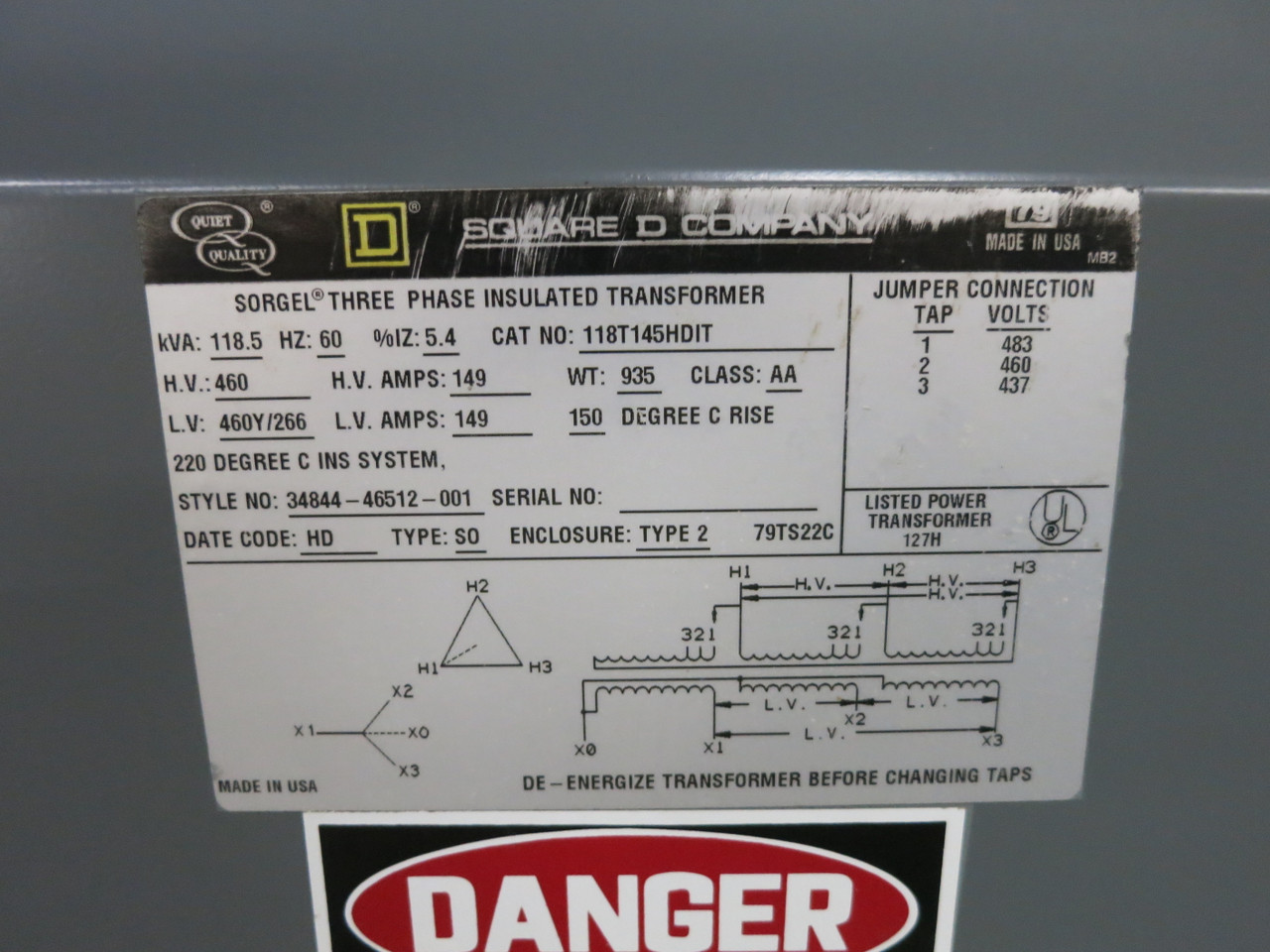 Square D 118.5 kVA 460 Delta to 460Y/266 V 3PH Transformer 118T145HDIT 460V 118 (DW7434-1)